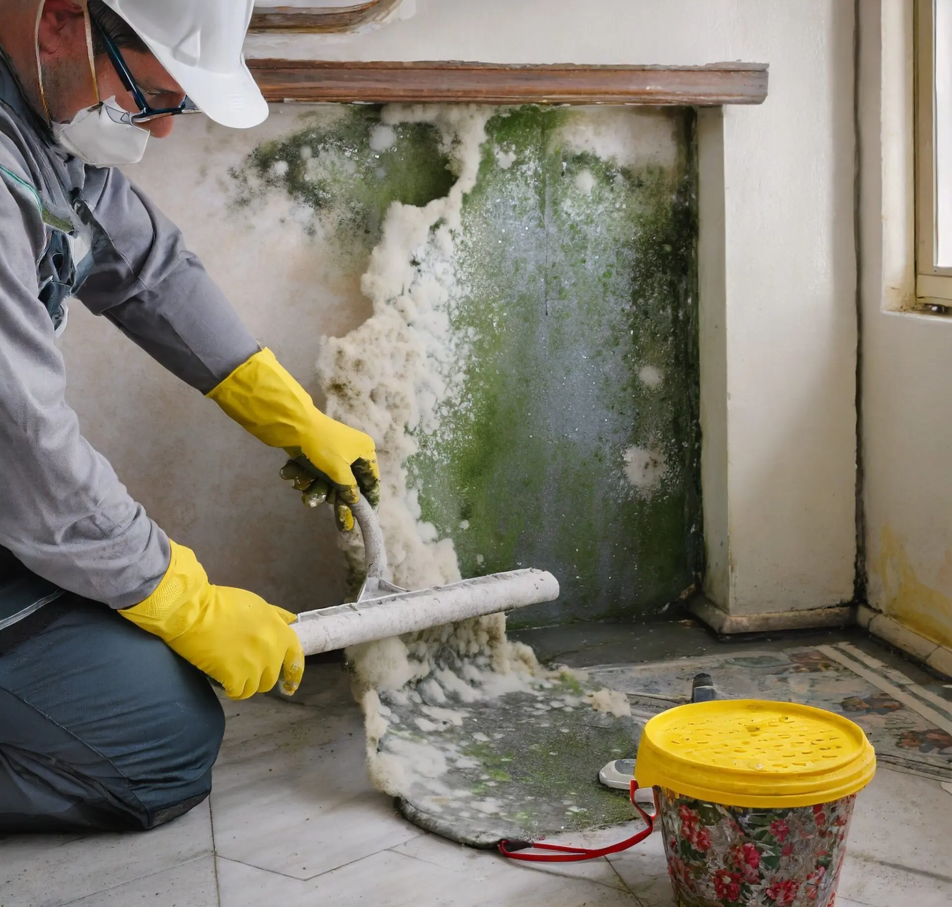 Worker removing mold from a wall